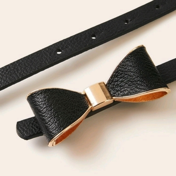 Plus Black faux leather Bow tie skinny waist evening Formal wedding dress belt - Picture 4 of 16